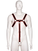 Echtledergeschirr BDSM Top Harness mit Penis Strap - Schwarz/Rot 